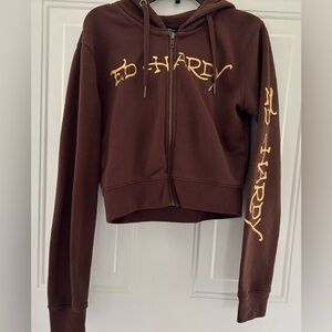 Ed Hardy Chocolate Brown Hoodie with Gold Accents